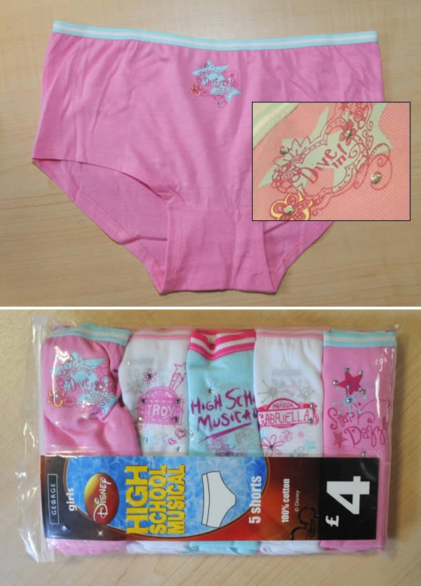 Dive Into "High School Musical" Pants...Sue Relf bought the underwear for her seven-year-old granddaughter at Asda in Broadstairs, Kent, and took them home to find the words "dive in" on them...Disney apologized for any offense, and said a genuine oversight had led to the words being used out of context