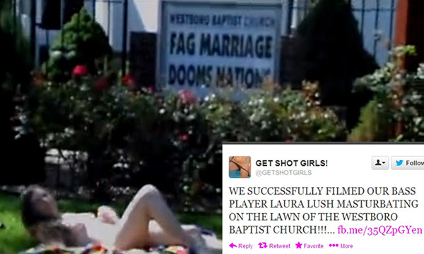 The band who shot a porno in front of the Westboro Baptist Church: California punk band 'Get Shot!' bills itself as the sleaziest punk band in the world, and judging by their actions in front of the Westboro Bapist Church in 2013, they may be telling the truth. The band shot a two-minute porn entirely on the organization's front lawn. While en route to a concert in Denver, they stopped by the Topeka, Kansas headquarters of the WBC to film their bass player Laura Lush masturbating naked outside the house that hate built.