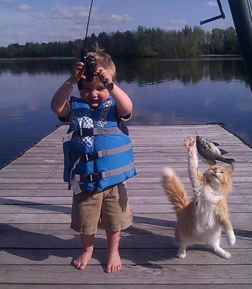 kid and cat fishing - Speedo