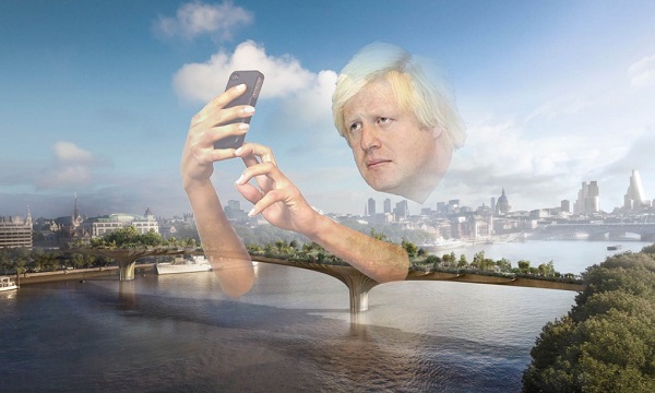 This inexplicably weird image appears in an article about London mayor Boris Johnson and the “garden bridge” project.Not sure what they were going for here…. And what’s up with those long ladylike finger nails?