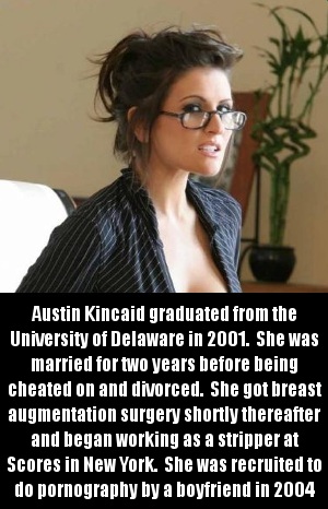 black hair - Austin Kincaid graduated from the University of Delaware in 2001. She was married for two years before being cheated on and divorced. She got breast augmentation surgery shortly thereafter and began working as a stripper at Scores in New York