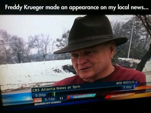 freddy krueger funny - Freddy Krueger made an appearance on my local news... 809 Wgcld4 7 00p Cbs Atlanta News at 5pm p Scho p 11 chat Decat Gitt S Ees