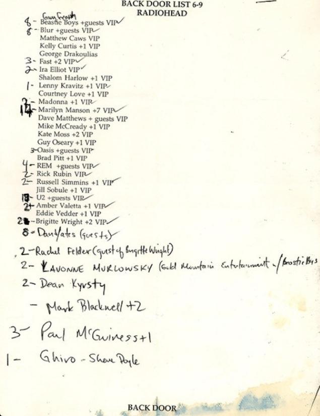 Radiohead’s guest list for a 1997 show