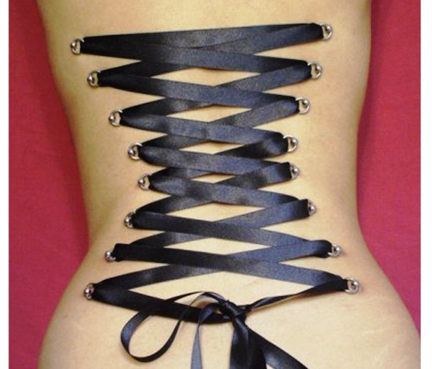 Corset piercing...A corset piercing is a very painful body modification in which a person´s back is pierced multiple times mostly side to side and then laced up like a real corset. Due to the pain and risk of injury, most corset piercings are intended to be temporary.