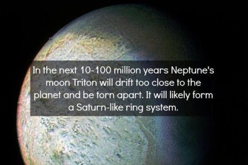 random space facts - In the next 10100 million years Neptune's moon Triton will drift too close to the planet and be torn apart. It will ly form a Saturn ring system.