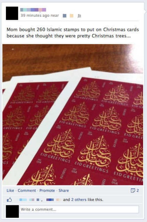 material - 39 minutes ago near Mom bought 260 Islamic stamps to put on Christmas cards because she thought they were pretty Christmas trees... P2 Comment Promote and 2 others this. Write a comment...