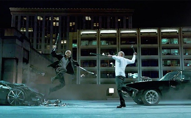 Dom's KO weapon...Remember why Dom originally went to prison back in the first The Fast and the Furious? He used a wrench to nearly kill the guy who killed his father. And he does the same with Deckard in the epic car garage fight.