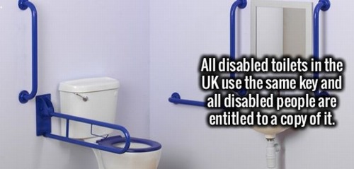 tap - All disabled toilets in the Uk use the same key and all disabled people are entitled to a copy of it.