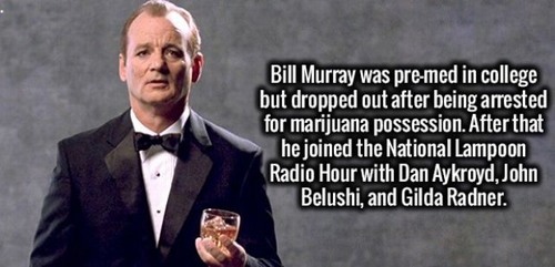 gentleman - Bill Murray was premed in college but dropped out after being arrested for marijuana possession. After that he joined the National Lampoon Radio Hour with Dan Aykroyd, John Belushi, and Gilda Radner.
