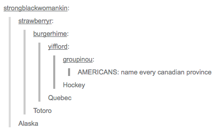 tumblr - canada jokes - strongblackwomankin strawberryr burgerhime yifflord groupinou | Americans name every canadian province Hockey Quebec Totoro Alaska