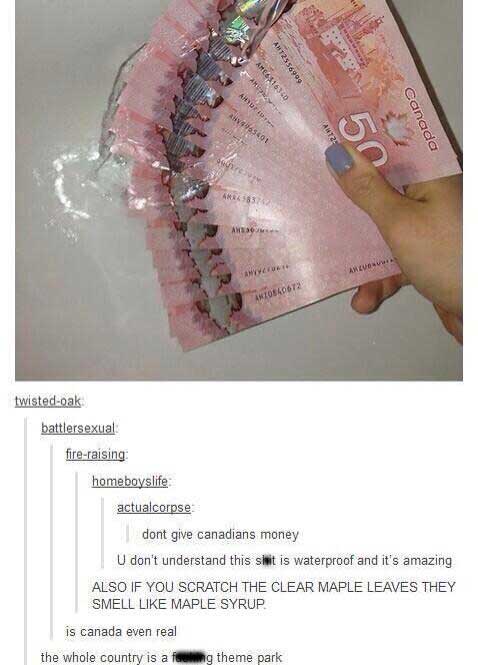 tumblr - canadian money - Amea 1636 AHT2556999 Als . 95401 Canada 8372 Awesome Iwosat twistedoak battlersexual fireraising homeboyslife actualcorpse dont give canadians money U don't understand this sit is waterproof and it's amazing Also If You Scratch T