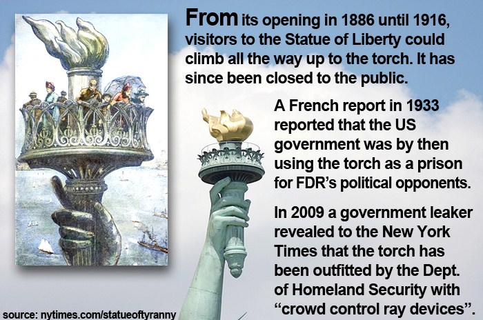 statue of liberty: torch - From its opening in 1886 until 1916, visitors to the Statue of Liberty could climb all the way up to the torch. It has since been closed to the public. A French report in 1933 reported that the Us government was by then using th