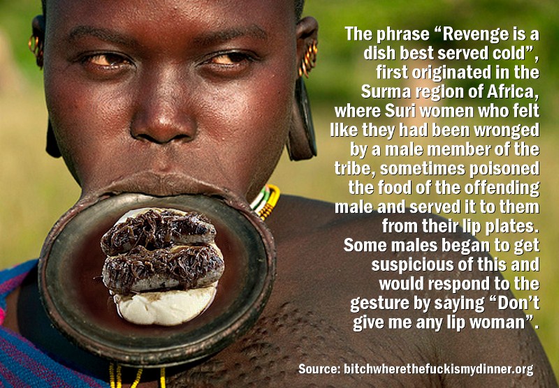 lip plate ethiopia - The phrase Revenge is a dish best served cold", first originated in the Surma region of Africa, where Suri women who felt they had been wronged by a male member of the tribe, sometimes poisoned the food of the offending male and serve