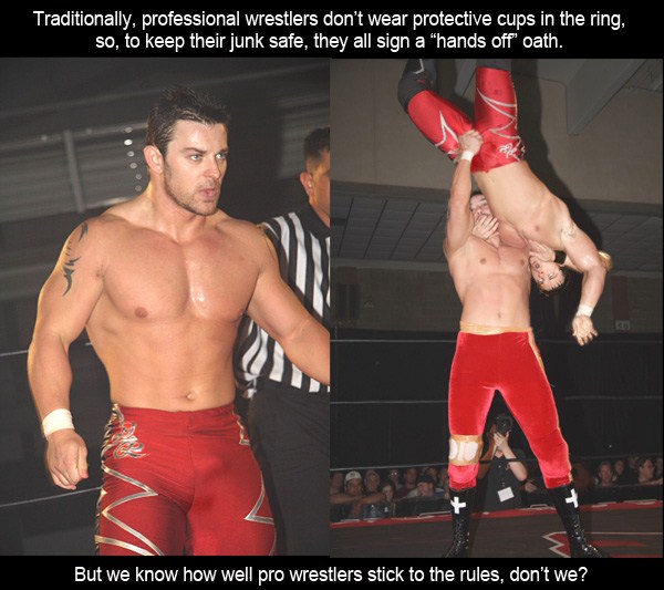 wrestler - Traditionally, professional wrestlers don't wear protective cups in the ring, so, to keep their junk safe, they all sign a "hands off oath. But we know how well pro wrestlers stick to the rules, don't we?