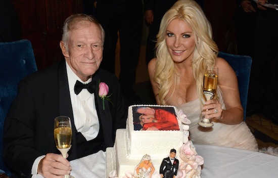 Hugh Hefner & Crystal Harris.  Harris was born in 1986, when Hugh was 60. They married in 2012. She told Daily Mail that they've only "done it" once, and it lasted two seconds, which sounds bad until you learn it bought her a $5 million mansion.