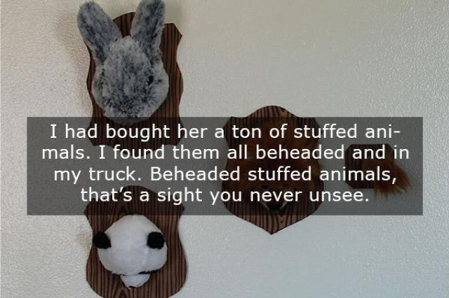 photo caption - I had bought her a ton of stuffed ani mals. I found them all beheaded and in my truck. Beheaded stuffed animals, that's a sight you never unsee.