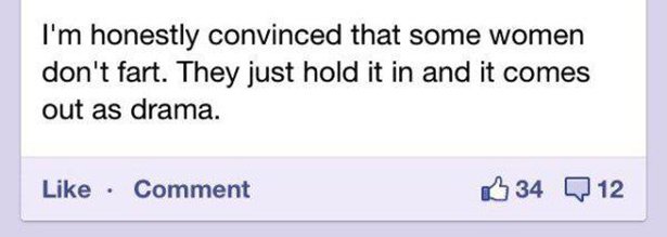 document - I'm honestly convinced that some women don't fart. They just hold it in and it comes out as drama. Comment 34 Q 12