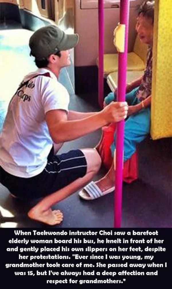 choi dae ho - When Taekwondo instructor Choi saw a barefoot elderly woman board his bus, he knelt in front of her and gently placed his own slippers on her feet, despite her protestations.