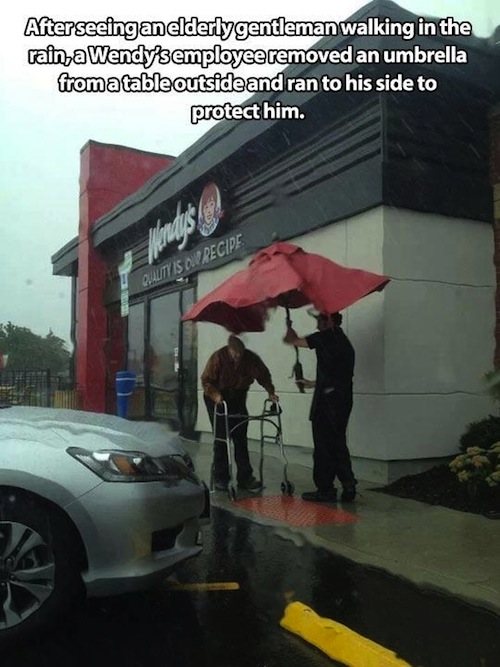 world isn t such a bad place - After seeing an elderly gentleman walking in the rain, a Wendy's employee removed an umbrella from a table outside and ran to his side to protect him. Quality As Alpecipe