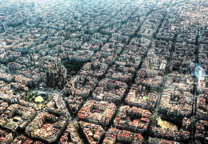 This amazing aerial photograph captures the fascinating design of the Eixample district of Barcelona.
