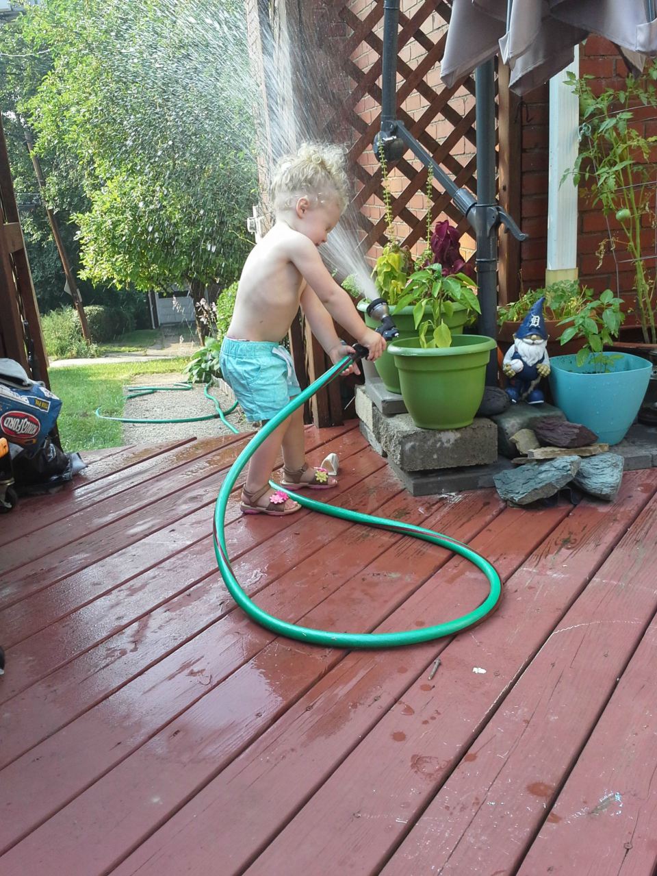 spray kid with hose