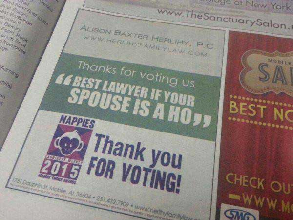 newspaper - Hod wuge at New York Salon. Blast Burger turbo au at Bakery Food Truck unch spot affeehouse Alison Baxter Herlihy, Pc Mobile Morning Sa aning Thanks for voting us 6 Best Lawyer If Your Spouse Is A Hoj Nappies Best Nc Thank you 2015 For Voting!
