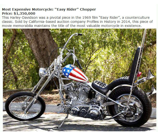 easy rider bike - Most Expensive Motorcycle "Easy Rider" Chopper Price $1,350,000 This HarleyDavidson was a pivotal piece in the 1969 film "Easy Rider", a counterculture classic. Sold by Californiabased auction company Profiles in History in 2014, this pi