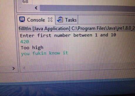 number - 68 Console x a Tasks filltin Java Application C\Program FilesVavaljre1.8.0_2 Enter first number between 1 and 10 420 Too high you fukin know it