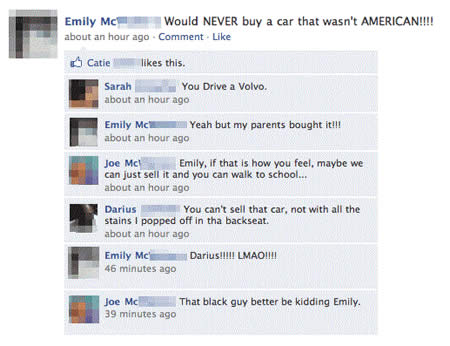 funny facebook statuses - Emily Mc W ould Never buy a car that wasn't American!!!! about an hour ago Comment Catie this. Sarah You Drive a Volvo. about an hour ago Emily Mc Y eah but my parents bought it!!! about an hour ago Joe Mc! Emily, if that is how 