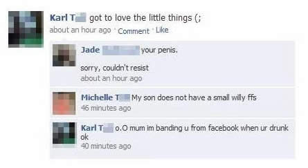 multimedia - Karl T got to love the little things about an hour ago Comment Jade your penis. sorry, couldn't resist about an hour ago Michelle My son does not have a small Willy ffs 46 minutes ago Karl T 0.0 mum im banding u from facebook when ur drunk 40