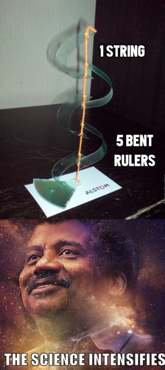 funny picture of a string standing up using bent rulers and Science Intensifies meme of Neil Degrasse Tyson