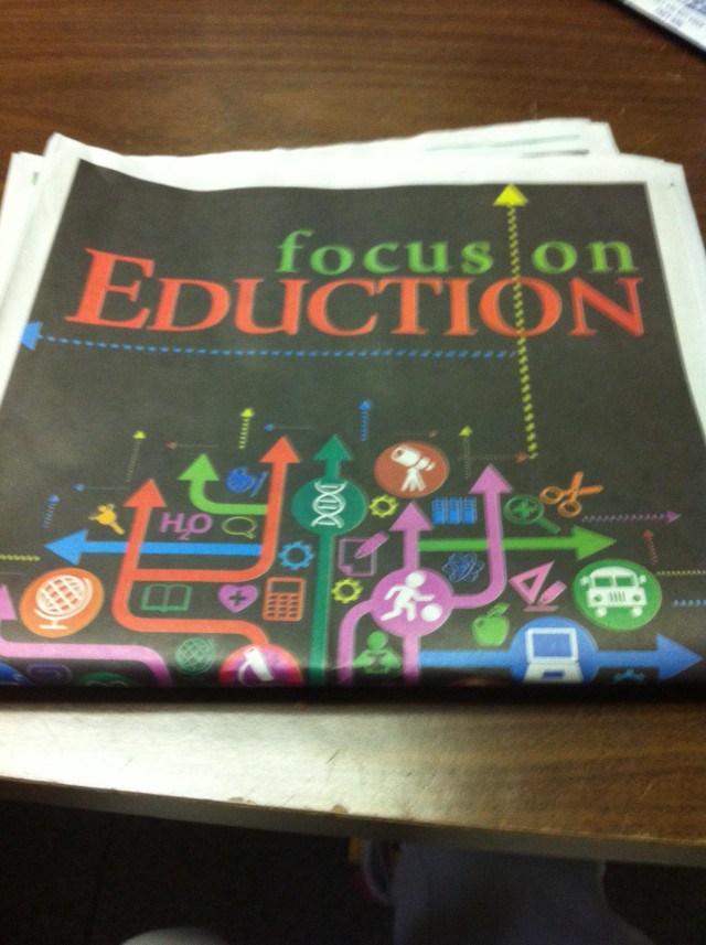 Funny picture of newspaper headline that says to focus on eduction, which they probably intended to spell education