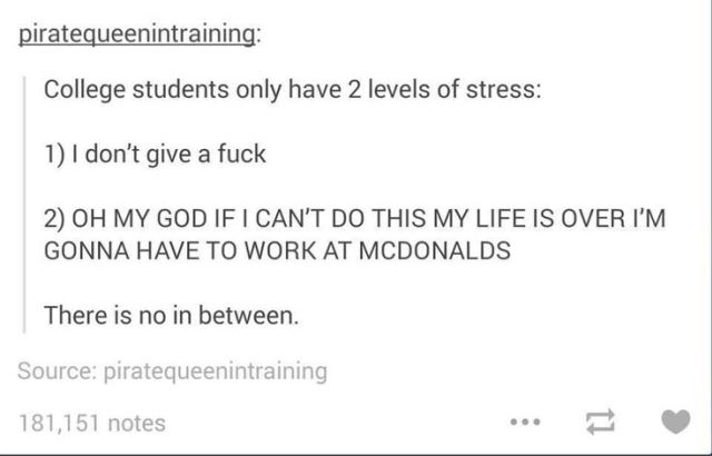 tumblr - funny tumblr posts about college - piratequeenintraining College students only have 2 levels of stress 1 I don't give a fuck 2 Oh My God If I Can'T Do This My Life Is Over I'M Gonna Have To Work At Mcdonalds There is no in between. Source pirateq