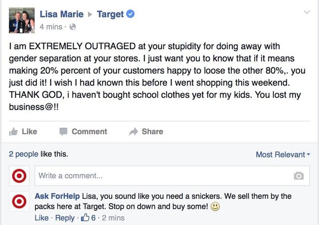dude is gender neutral - Target Lisa Marie 4 mins. I am Extremely Outraged at your stupidity for doing away with gender separation at your stores. I just want you to know that if it means making 20% percent of your customers happy to loose the other 80%, 