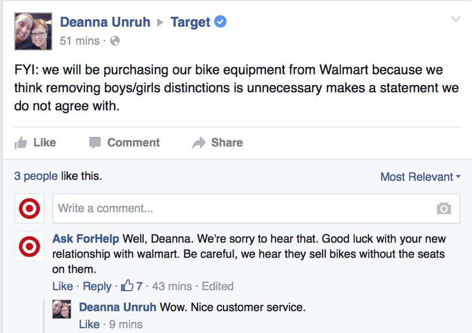 unethical use of social media - Deanna Unruh Target 51 mins. Fyi we will be purchasing our bike equipment from Walmart because we think removing boysgirls distinctions is unnecessary makes a statement we do not agree with. Comment 3 people this. Most Rele