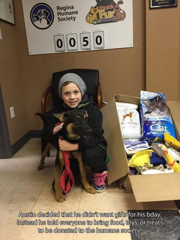 heartwarming acts of kindness - Home Regina Humane Society 0 0 5 0 for Ac Austin decided that he didn't want gifts for his bday. Instead he told everyone to bring food, toys, or treats to be donated to the humane society!