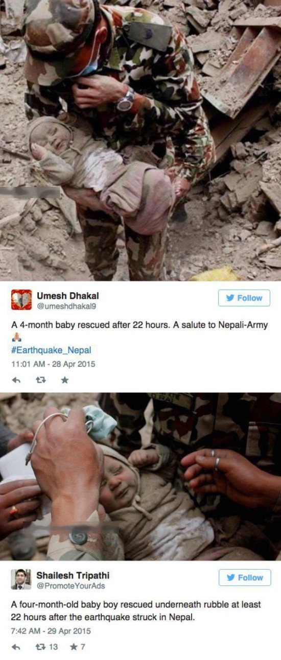 nepal earthquake baby - Umesh Dhakal A 4month baby rescued after 22 hours. A salute to NepaliArmy Shailesh Tripathi y YourAds A fourmonthold baby boy rescued underneath rubble at least 22 hours after the earthquake struck in Nepal. 47 13 7