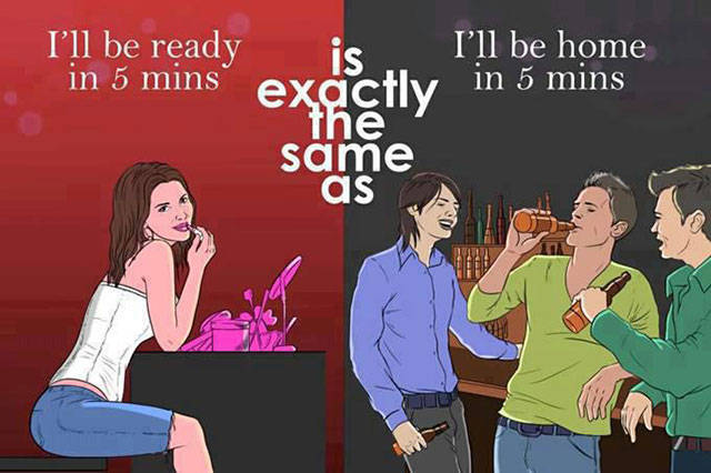 funny differences between men and women - I'll be ready in 5 mins I'll be home exactly in 5 mins same as