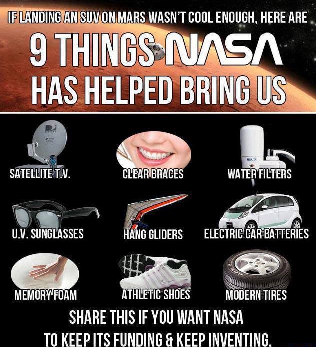 funny nasa - Flanding An Suvon Mars Wasn'T Cool Enough, Here Are 9 Things Nasa Has Helped Bring Us Satellitet.V. Clear Braces Water Filters U.V. Sunglasses Hang Gliders Electric Car Batteries Memory Foam Athletic Shoes Modern Tires This If You Want Nasa T