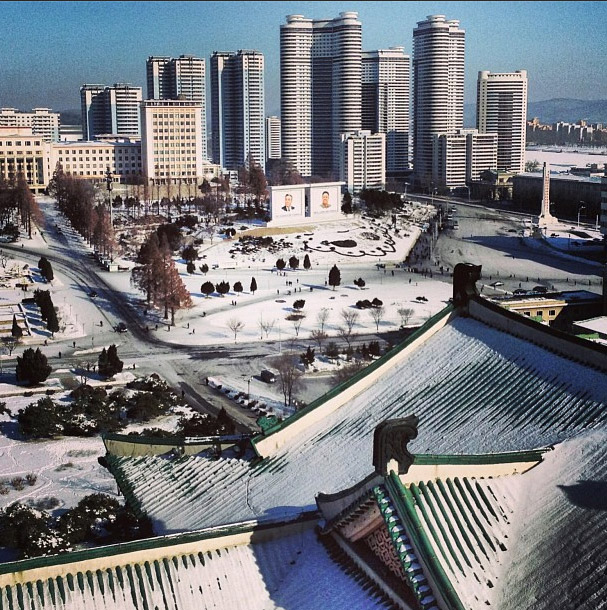 View from The Grand People’s Study House. Notice the two huge mosaics of two Kim’s in the middle of the photo.