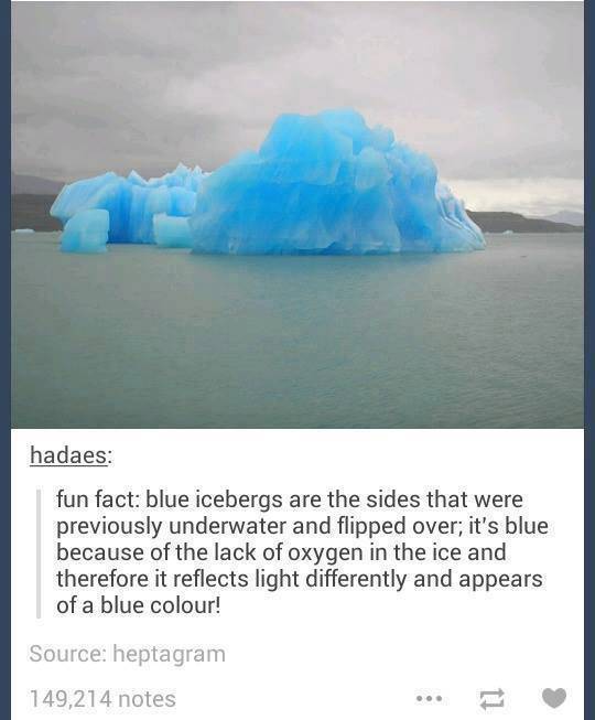 tumblr - icebergs facts - hadaes fun fact blue icebergs are the sides that were previously underwater and flipped over; it's blue because of the lack of oxygen in the ice and therefore it reflects light differently and appears of a blue colour! Source hep