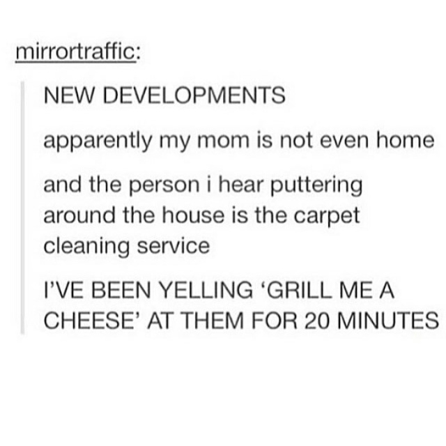 tumblr - document - mirrortraffic New Developments apparently my mom is not even home and the person i hear puttering around the house is the carpet cleaning service I'Ve Been Yelling 'Grill Me A Cheese' At Them For 20 Minutes