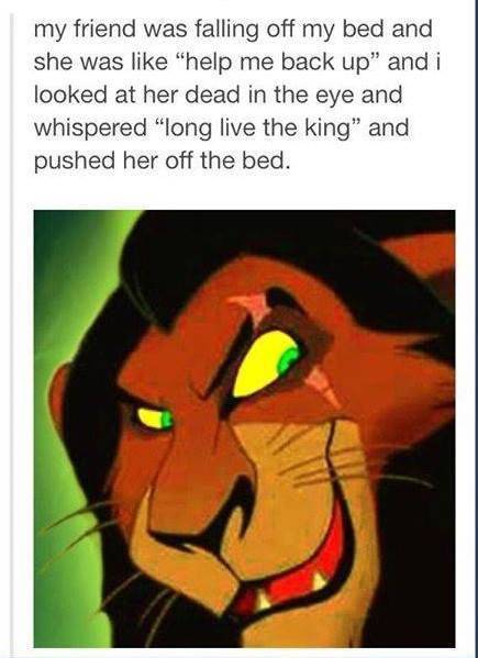 tumblr - lion king tumblr memes - my friend was falling off my bed and she was "help me back up" and i looked at her dead in the eye and whispered "long live the king and pushed her off the bed.