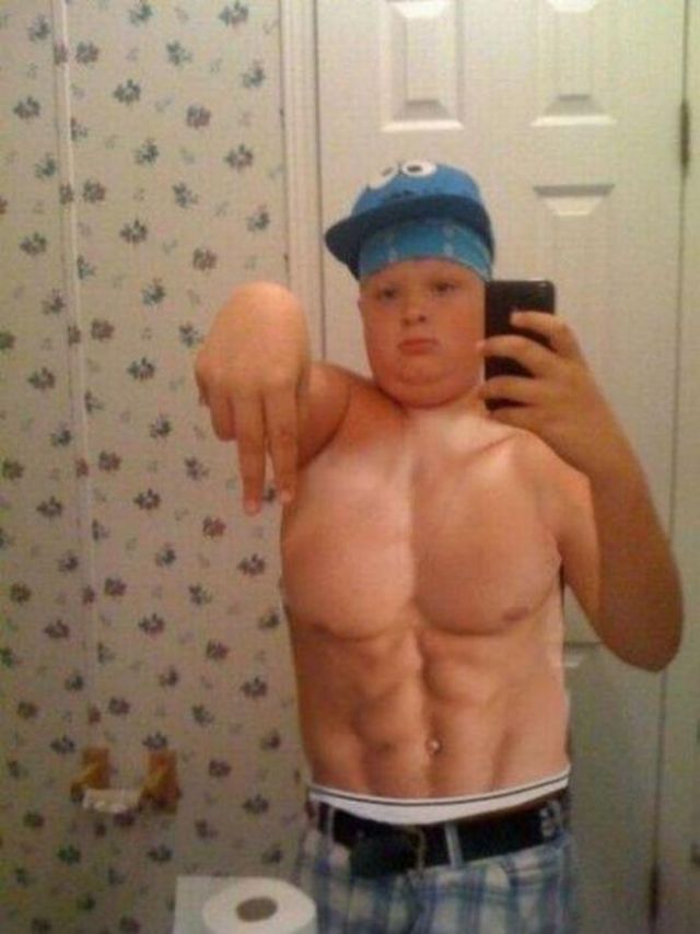 This kid is so buff he has abs on his chin.