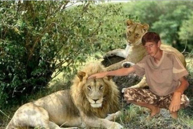 WHOA THERE. This kid had better watch out before those lions (that he is petting, as you can plainly see) eat him!