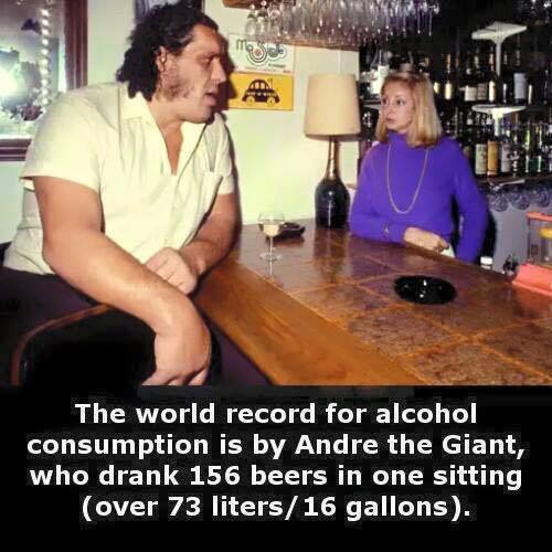 andre the giant facts - mese The world record for alcohol consumption is by Andre the Giant, who drank 156 beers in one sitting over 73 liters 16 gallons.