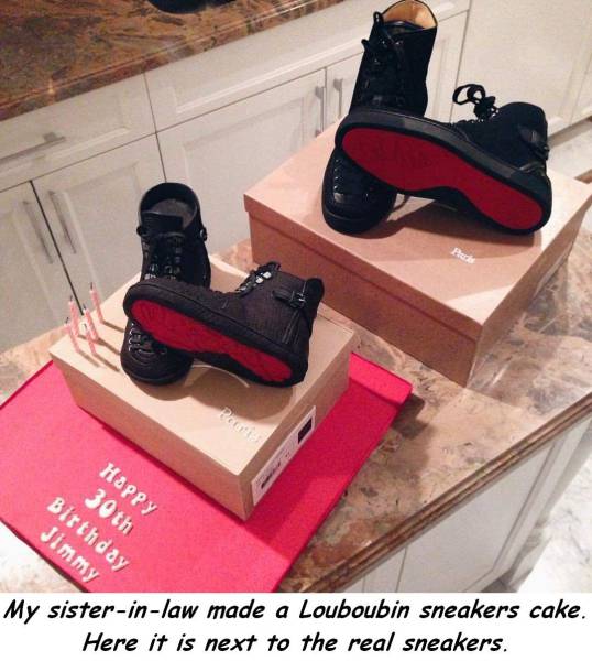 floor - Happy 30th Birthday Jimmy My sisterinlaw made a Louboubin sneakers cake. Here it is next to the real sneakers.