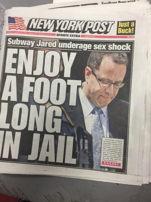 new york post - avilham Dean wad Just a Buck! B Ase De Sports Extra SE2.00 Subway Jared underage sex shock Newyork Post Forma Enjoy A Foot Long In Jaila wy P.4,5,6 & 7