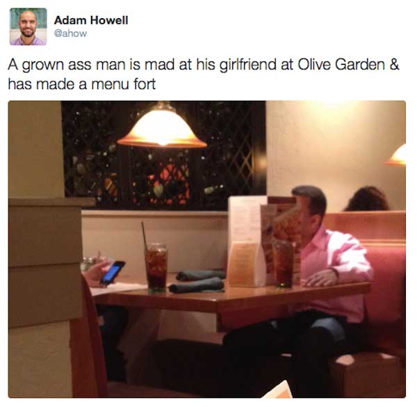 random pic olive garden menu fort - Adam Howell A grown ass man is mad at his girlfriend at Olive Garden & has made a menu fort
