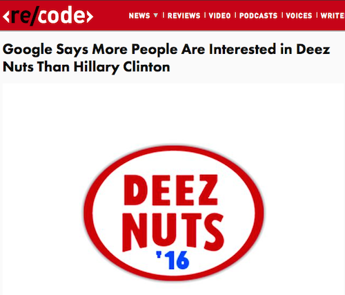 News I Reviews I Video I Podcasts I Voices I Write Google Says More People Are Interested in Deez Nuts Than Hillary Clinton Deez Nuts